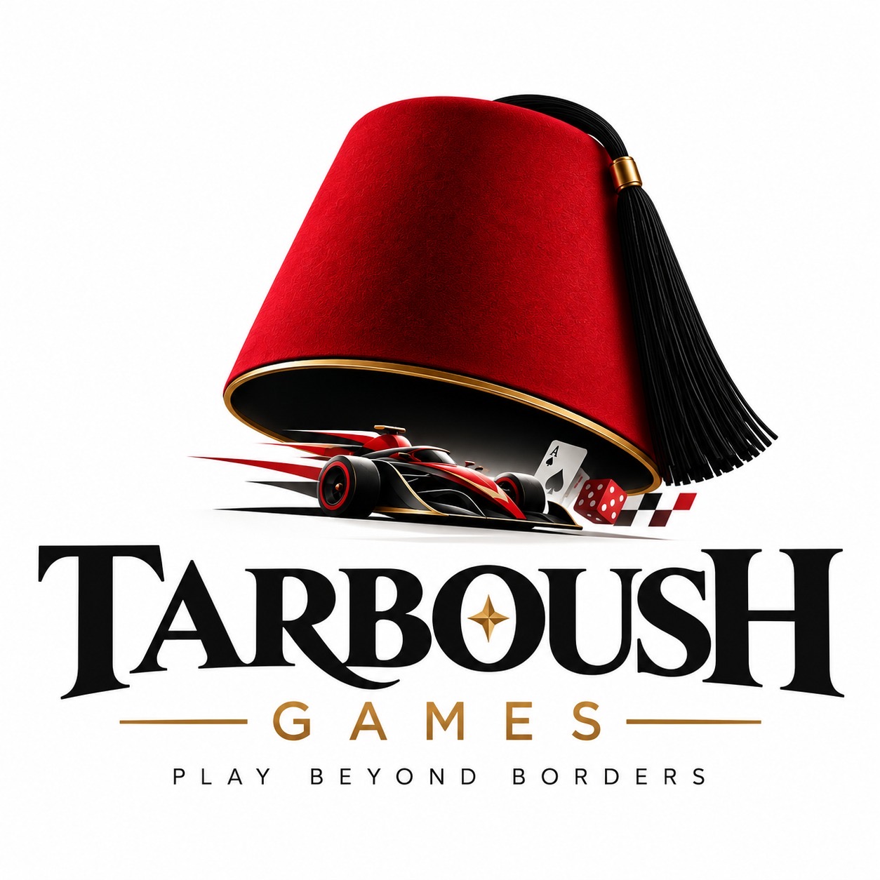 Tarboush Games studio logo: a red tarboush above a racing car, playing card and dice, with the words Play Beyond Borders.